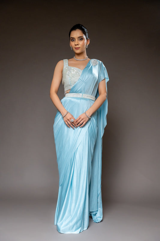 Sky Blue Cutdana, Bead, Mirror & Sequence Satin Pre-Draped Designer Saree With Readymade Blouse