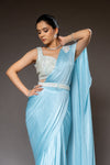 Sky Blue Cutdana, Bead, Mirror & Sequence Satin Pre-Draped Designer Saree With Readymade Blouse