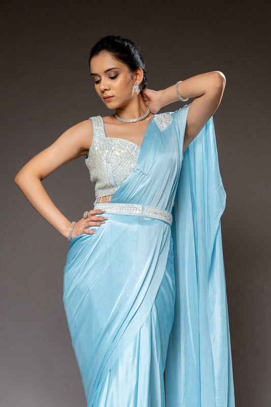 Sky Blue Cutdana, Bead, Mirror & Sequence Satin Pre-Draped Designer Saree With Readymade Blouse