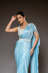 Sky Blue Cutdana, Bead, Mirror & Sequence Satin Pre-Draped Designer Saree With Readymade Blouse