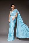 Sky Blue Cutdana, Bead, Mirror & Sequence Satin Pre-Draped Designer Saree With Readymade Blouse