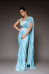 Sky Blue Cutdana, Bead, Mirror & Sequence Satin Pre-Draped Designer Saree With Readymade Blouse