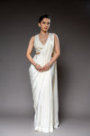 White Lycra Pre-Draped Designer Saree With Readymade Blouse