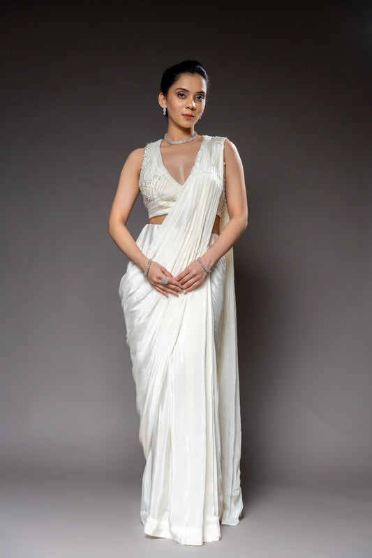 White Lycra Pre-Draped Designer Saree With Readymade Blouse