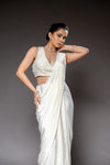 White Lycra Pre-Draped Designer Saree With Readymade Blouse