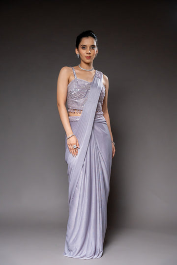 Mauve Lycra Pre-Draped Designer Saree With Readymade Blouse