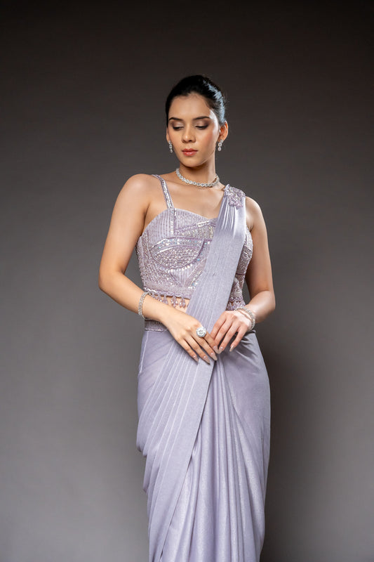 Mauve Lycra Pre-Draped Designer Saree With Readymade Blouse