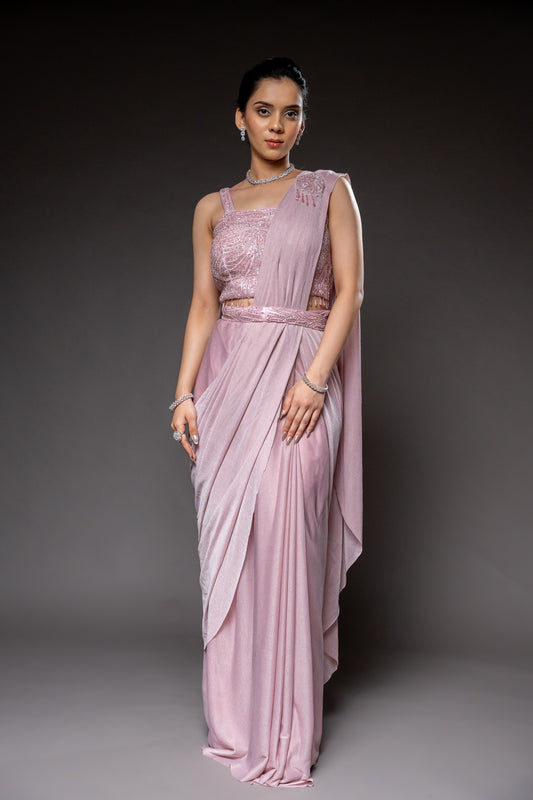 Peach Cutdana, Bead & Sequence Lycra Pre-Draped Designer Saree With Readymade Blouse