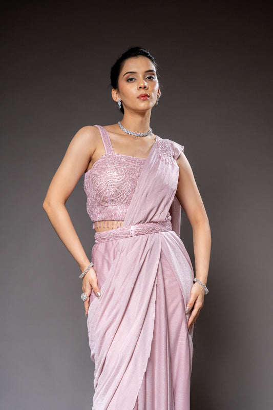 Peach Cutdana, Bead & Sequence Lycra Pre-Draped Designer Saree With Readymade Blouse