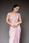 Peach Cutdana, Bead & Sequence Lycra Pre-Draped Designer Saree With Readymade Blouse