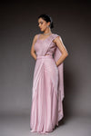 Peach Cutdana, Bead & Sequence Lycra Pre-Draped Designer Saree With Readymade Blouse
