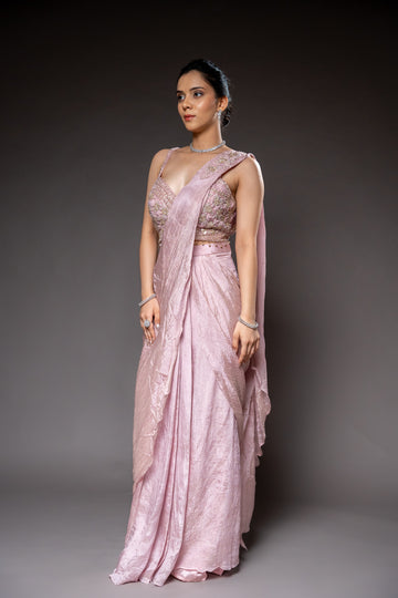 Pink Cutdana, Bead & Sequence Crush Pre-Draped Designer Saree With Readymade Blouse