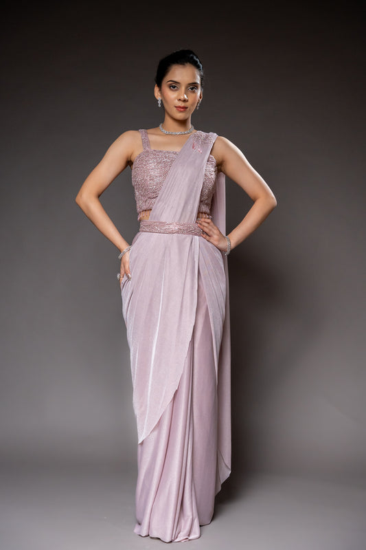 Olive Cutdana, Bead & Sequence Lycra Pre-Draped Designer Saree With Readymade Blouse