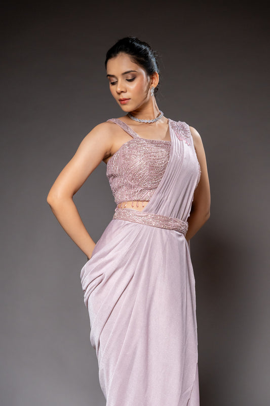 Olive Cutdana, Bead & Sequence Lycra Pre-Draped Designer Saree With Readymade Blouse