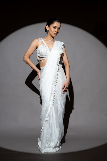 White Cutdana, Bead & Sequence Chinon Pre-Draped Designer Saree With Readymade Blouse