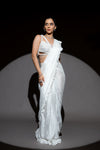 White Cutdana, Bead & Sequence Chinon Pre-Draped Designer Saree With Readymade Blouse