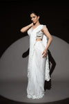 White Cutdana, Bead & Sequence Chinon Pre-Draped Designer Saree With Readymade Blouse