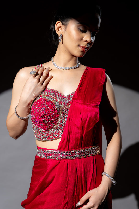 Magenta Cutdana, Bead & Sequence Chinon Pre-Draped Designer Saree With Readymade Blouse