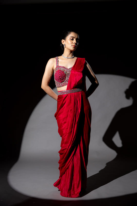 Magenta Cutdana, Bead & Sequence Chinon Pre-Draped Designer Saree With Readymade Blouse