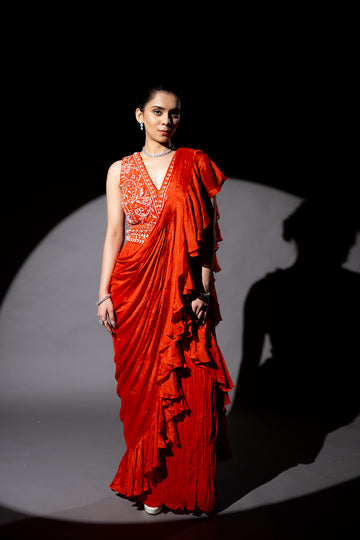 Rust Cutdana, Bead & Sequence Chinon Pre-Draped Designer Saree With Readymade Blouse