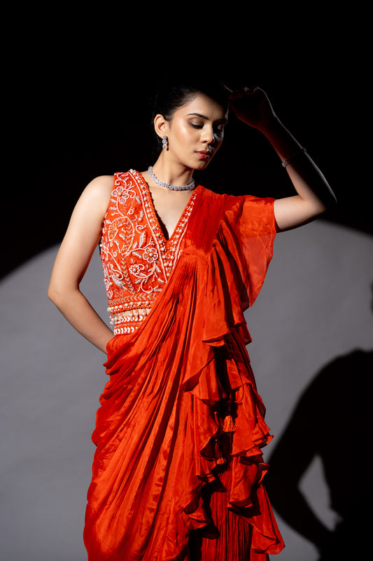 Rust Cutdana, Bead & Sequence Chinon Pre-Draped Designer Saree With Readymade Blouse