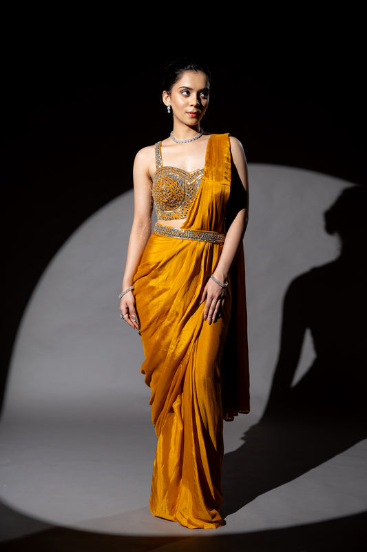 Mustard Cutdana, Bead & Sequence Chinon Pre-Draped Designer Saree With Readymade Blouse