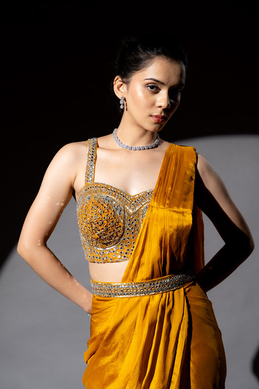 Mustard Cutdana, Bead & Sequence Chinon Pre-Draped Designer Saree With Readymade Blouse