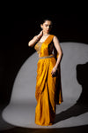 Mustard Cutdana, Bead & Sequence Chinon Pre-Draped Designer Saree With Readymade Blouse