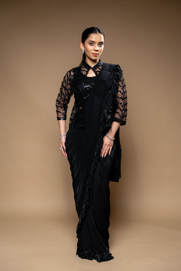 Black Cutdana, Bead & Sequence Lycra Cape Style Pre-Draped Designer Saree