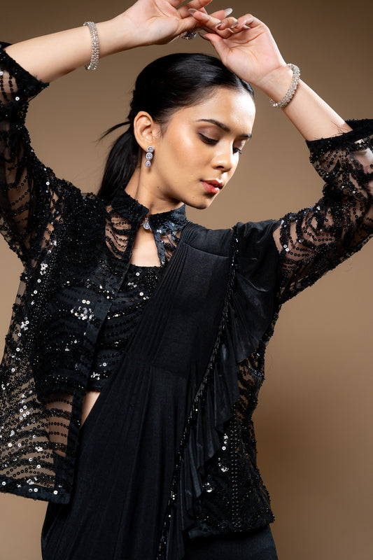 Black Cutdana, Bead & Sequence Lycra Cape Style Pre-Draped Designer Saree