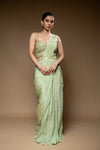 Pista Crush Pre-Draped Designer Saree With Readymade Blouse