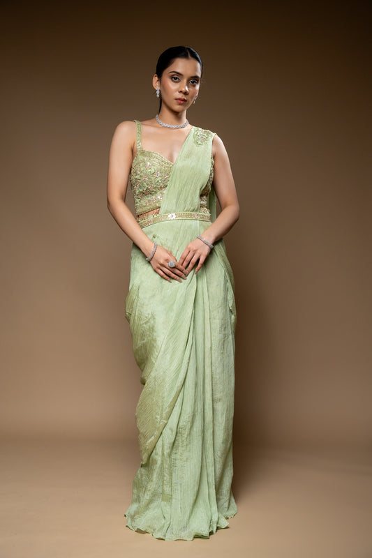 Pista Crush Pre-Draped Designer Saree With Readymade Blouse