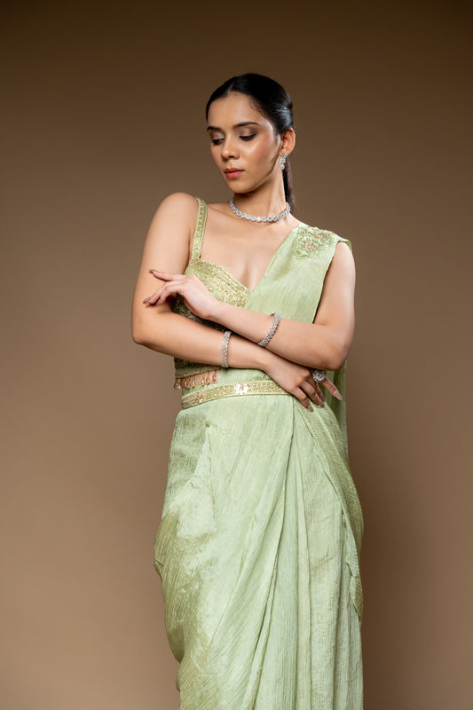 Pista Crush Pre-Draped Designer Saree With Readymade Blouse