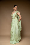 Pista Crush Pre-Draped Designer Saree With Readymade Blouse