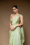 Pista Crush Pre-Draped Designer Saree With Readymade Blouse
