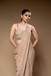 Chikoo Bead, Cutdana & Sequence Chinon Pre-Draped Designer Saree With Readymade Blouse