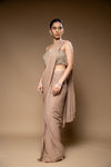 Chikoo Bead, Cutdana & Sequence Chinon Pre-Draped Designer Saree With Readymade Blouse