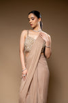 Chikoo Bead, Cutdana & Sequence Chinon Pre-Draped Designer Saree With Readymade Blouse