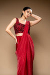 Maroon Shimmer Pre-Draped Designer Saree With Readymade Blouse