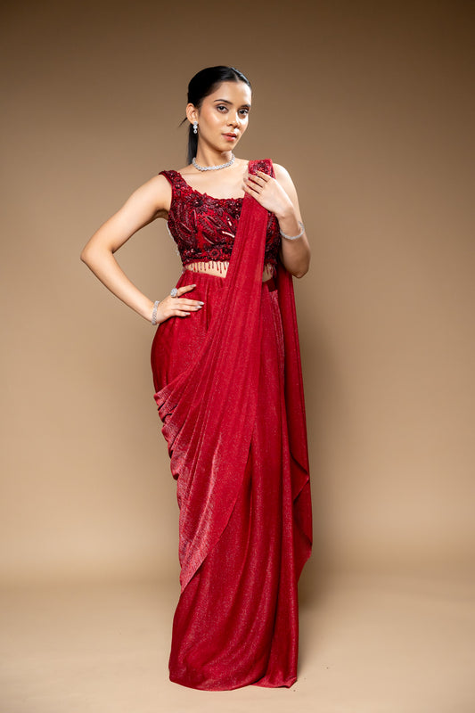 Maroon Shimmer Pre-Draped Designer Saree With Readymade Blouse