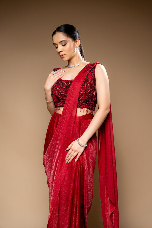 Maroon Shimmer Pre-Draped Designer Saree With Readymade Blouse