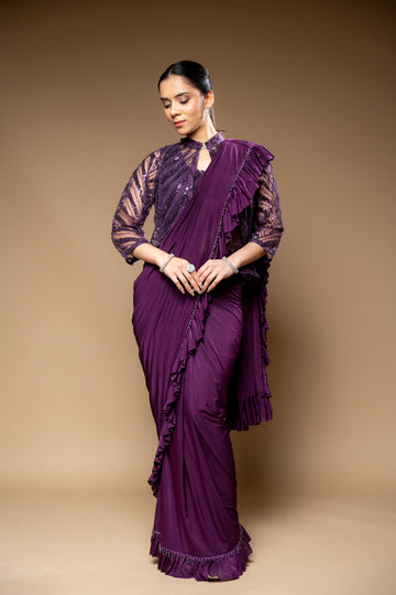Garnet Cutdana, Bead & Sequence Lycra Cape Style Pre-Draped Designer Saree