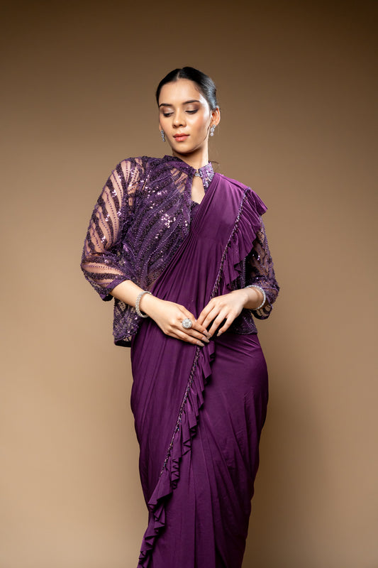 Garnet Cutdana, Bead & Sequence Lycra Cape Style Pre-Draped Designer Saree