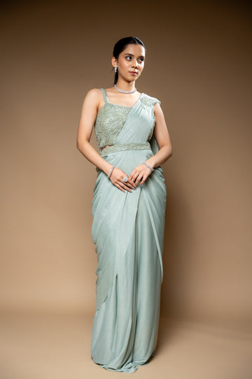 Pista Cutdana, Bead & Sequence Lycra Pre-Draped Designer Saree With Readymade Blouse