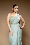 Pista Cutdana, Bead & Sequence Lycra Pre-Draped Designer Saree With Readymade Blouse