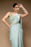 Pista Lycra Pre-Draped Designer Saree With Readymade Blouse