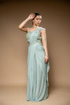 Pista Cutdana, Bead & Sequence Lycra Pre-Draped Designer Saree With Readymade Blouse