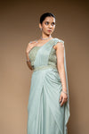 Pista Cutdana, Bead & Sequence Lycra Pre-Draped Designer Saree With Readymade Blouse