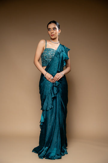 Rama Cutdana, Bead & Sequence Organza Pre-Draped Designer Saree With Readymade Blouse