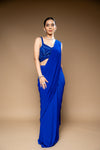 Royal Blue Lycra Pre-Draped Designer Saree With Readymade Blouse